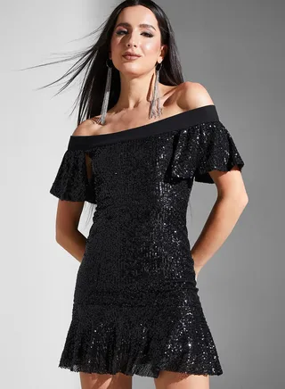 Sequin Bardot Mini Dress With Puff Sleeve