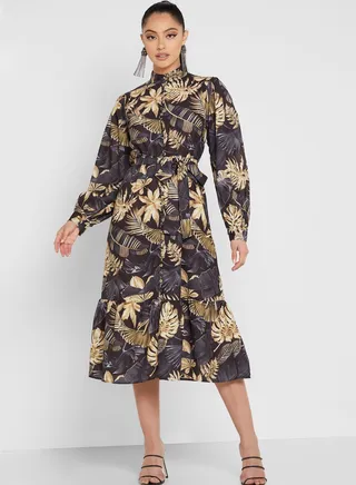 High Neck Floral Print Dress