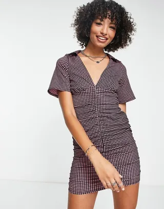 ASOS DESIGN textured short sleeve ruched mini dress in pink check