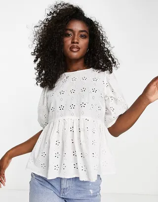 New Look eyelet peplum blouse in white