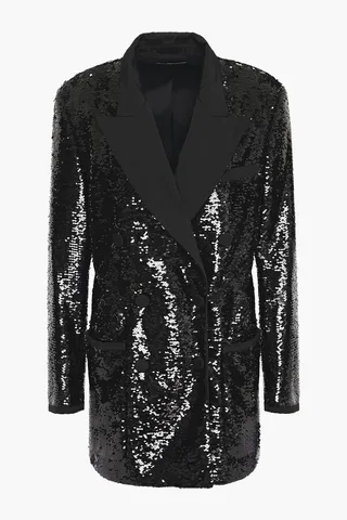 Double-breasted faille-trimmed sequined tulle blazer