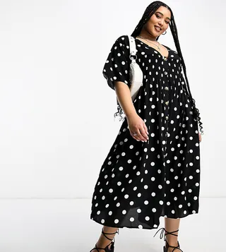 ASOS DESIGN Curve shirred button through midi smock dress in large mono spot