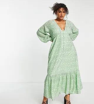 ASOS DESIGN Curve button through metallic maxi tea dress in green