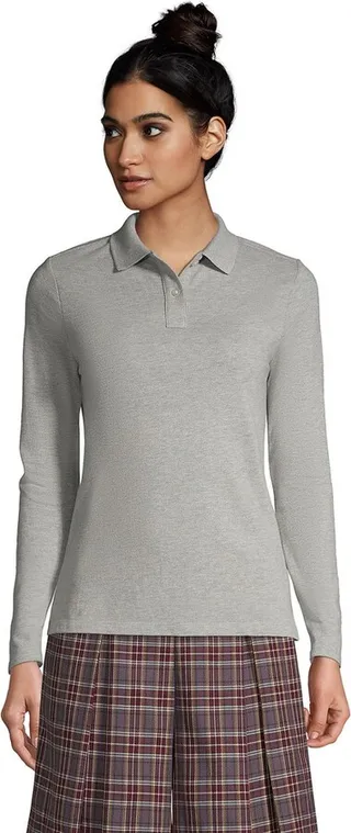 Lands' End School Uniform Women's Long Sleeve Feminine Fit Mesh Polo Shirt - Medium - Gray Heather