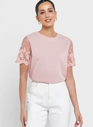 Lace Hem Mesh Sleeve Detail Top