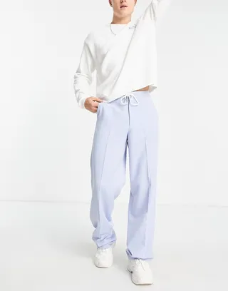ASOS DESIGN wide leg smart pants with drawcord in blue