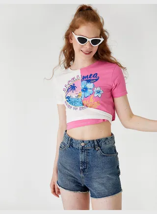 Crop T-Shirt Printed Crew Neck