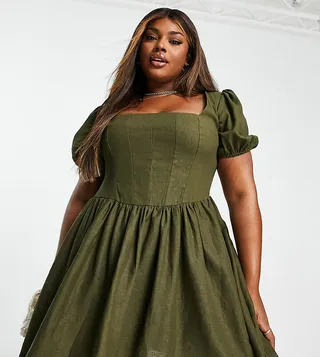 ASOS DESIGN Curve corset linen mini skater dress with puff sleeve in khaki
