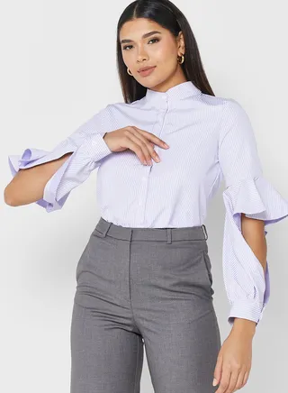 Frill Layer Sleeve Detail Pinstripe Top
