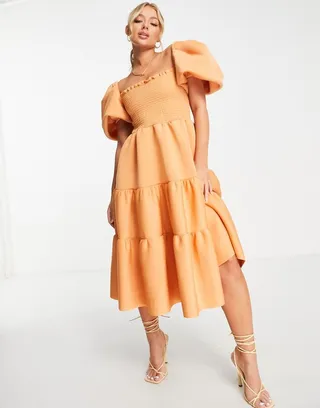 ASOS DESIGN shirred puff sleeve tiered prom midi dress in apricot