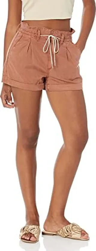 PAIGE Women's Carly Short high Wasited Inverted Pleat Paper Bag Waist in Vintage Mocha Bisque