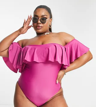 Brave Soul Plus off shoulder frill swimsuit in pink