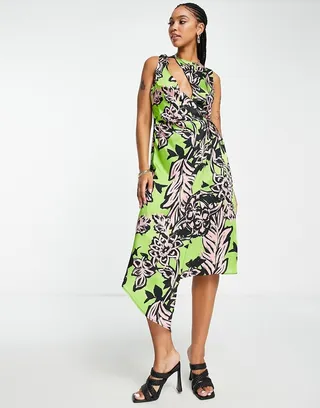 Topshop graphic floral wrap midi dress in green and pink
