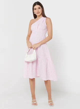 Checked One Shoulder Dress