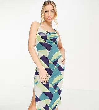 In The Style exclusive strappy back cowl neck midi dress in green geo print