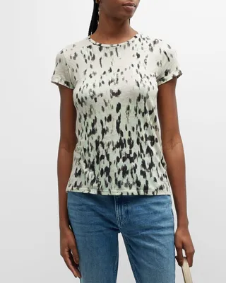 Abstract-Print Crewneck Stretch Linen Tee