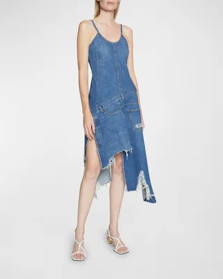 Asymmetric Distressed Denim Camisole Dress