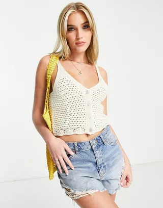 New Look crochet button through tank top in cream