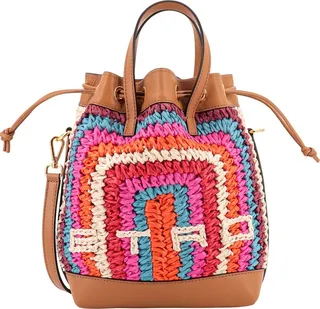 Multicolor rafia and leather shoulder bag wirh frontal logo