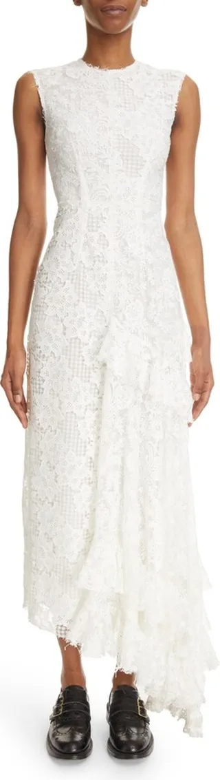 Misty Asymmetric Drape Front Lace Midi Dress