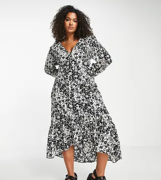 ASOS DESIGN Curve hi low hem midi dress in black splice floral print