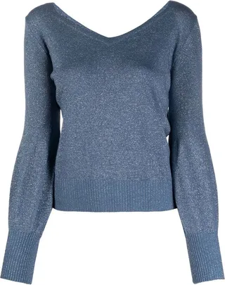 V-Neck Lurex-Knit Sweater in Blue Pavone