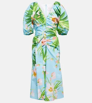 Puffed printed cotton-blend midi dress