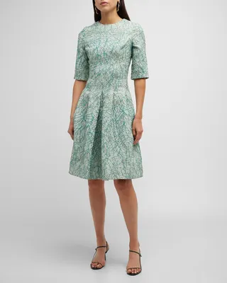 Pleated Fit-&-Flare Jacquard Knee Dress