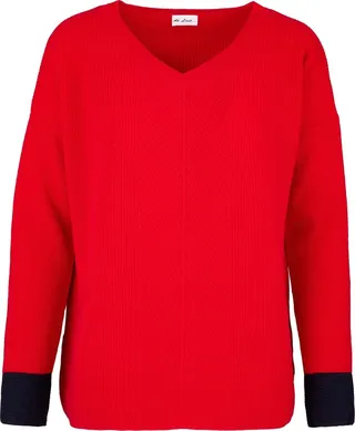 At Last... - Cashmere V-Neck Ribbed Sweater In Red With Navy Cuff