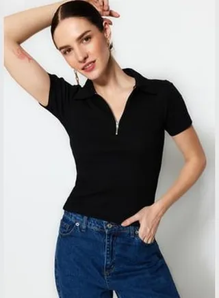 Black Zipper Detail Fitted/Simple Polo Collar Ribbed Stretch Knitted Blouse TWOSS23BZ00496