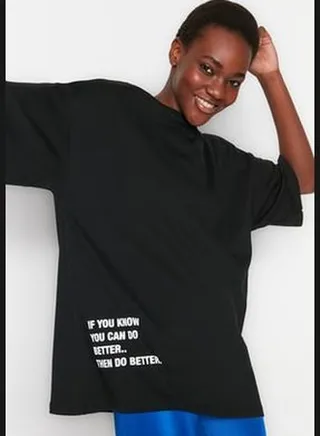Black 100% Cotton Slogan Printed Oversize/Wide Fit Crew Neck Knitted T-Shirt TWOSS23TS00183