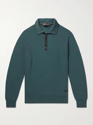 Leather-Trimmed Ribbed Wool Half-Zip Sweatshirt
