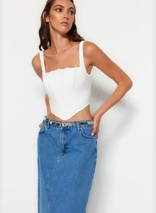 Woven Corset Blouse in Ecru with Straps TWOSS23BZ00938