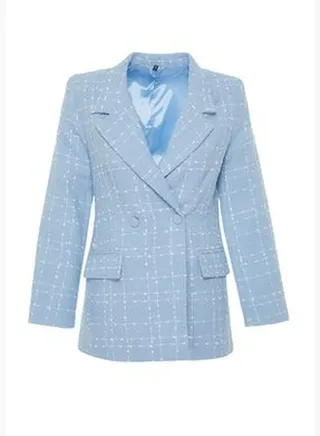 Light Blue Oversize Woven Plaid Blazer Jacket