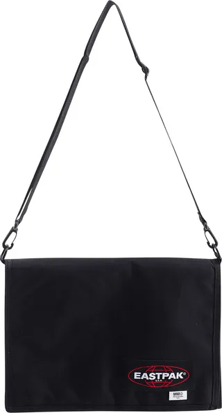 Nylon shoulder bag with frontal logo labels