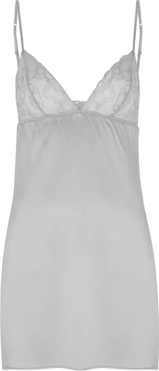 Fleur Of England Sigrid Grey Embroidered Silk-blend Satin Chemise