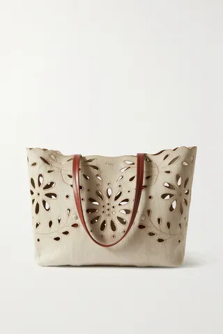 Chloé - Kamilla Large Leather-trimmed Broderie Anglaise Linen Tote - Brown