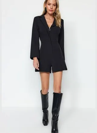 Black Mini Weave Zipper Detailed Jumpsuit TWOAW24TU00034