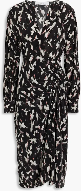 Carola ruched printed crepe de chine midi dress