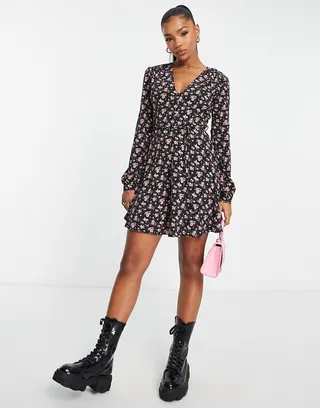 Glamorous v neck tie waist mini dress in vintage rose floral