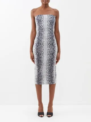 Strapless Snake-print Jersey Midi Dress