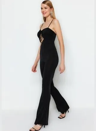 Black Knitted Jumpsuit with Window/Cut Out Detail and Shimmer TPRSS23TU00017