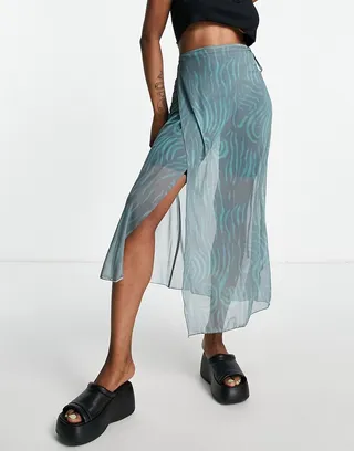 Weekday polyester blend wrap midi skirt in green swirl print - MGREEN