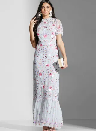 Embroidered Cut Out Back Ruffle Hem Dress