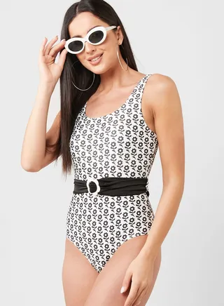 Printed Swimsuit With Belt Detail