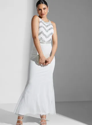 Halter Neck Belt Detail Embroidered Dress