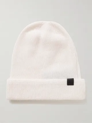 Leather-Trimmed Ribbed Cashmere Beanie