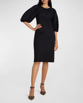 Pleated Blouson-Sleeve Ponte Midi Dress
