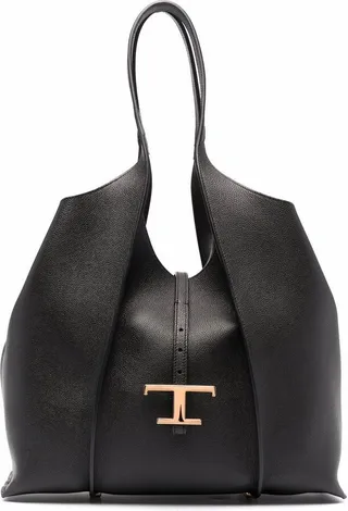 Black Logo Plaque Leather Tote Bag