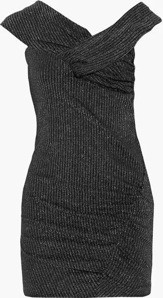 Club asymmetric ruched metallic jersey mini dress